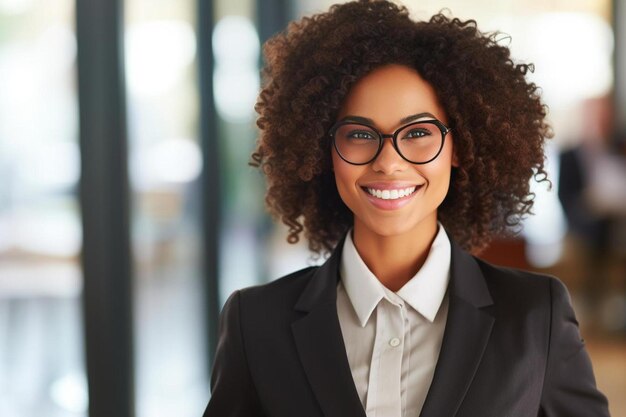 Empresaria afroamericana sonrisa amistosa de mediana edad