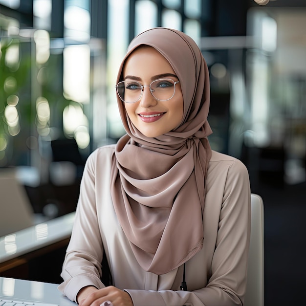 Empresária alegre no escritório usando hijab sorrindo fazendo contato visual com a câmera