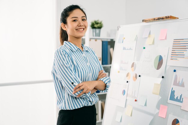 empresária asiática confiante aguardando quadro branco com gráficos e gráficos em camisa listrada está sorrindo para a câmera com os braços cruzados em um escritório moderno e brilhante