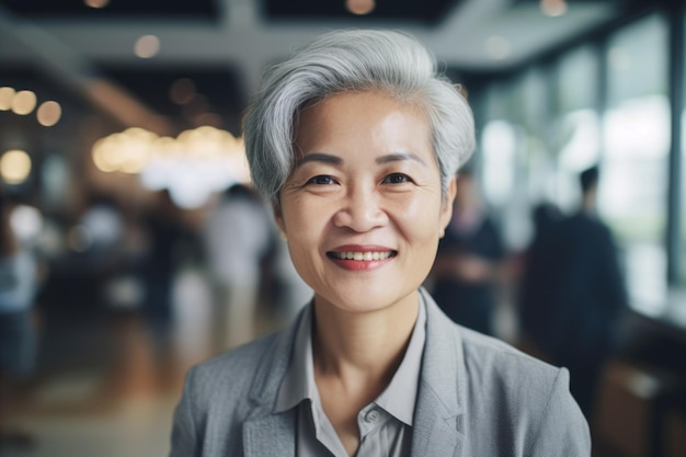 Empresária asiática inteligente e madura, rosto sorridente em pé no fundo desfocado do escritório ocupado Generative AI AIG20