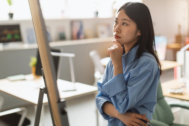 Empresária asiática pensativa olhando para o quadro branco no escritório moderno