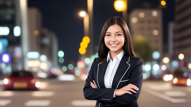 Empresária com sorriso embaçado atrás de IA generativa de iluminação pública