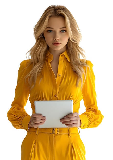 Foto empresária confiante segurando tablet em um elegante vestido amarelo profissional e ia moderna