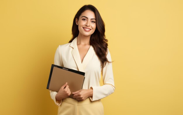 Empresária confiante segurando um porta-notas em fundo amarelo