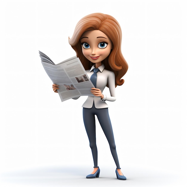 Empresária de desenho animado 3D em pé e lendo uma notícia