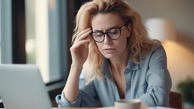 Empresária de meia idade estressada em sua mesa