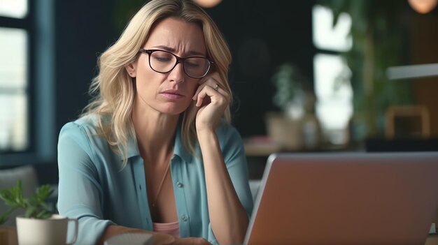 Empresária de meia idade estressada em sua mesa