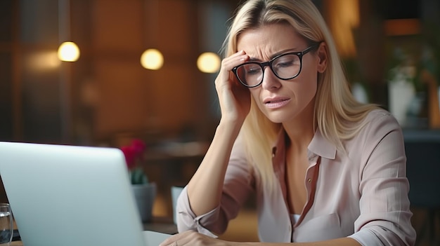 Empresária de meia idade estressada em sua mesa