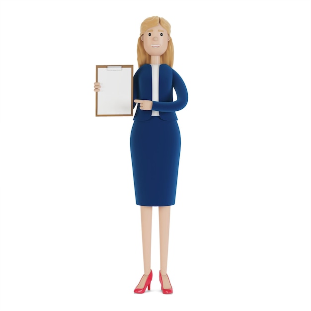 Empresária detém documento pronto. Mulher em roupas de negócios, funcionária da empresa. ilustração 3D em estilo cartoon.