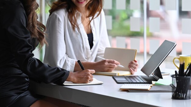 Empresária, discutindo o plano de negócios com seu colega.