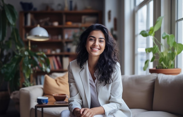 Empresaria diversa sonriente en su casa