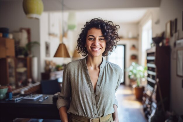 Empresaria diversa sonriente en su casa