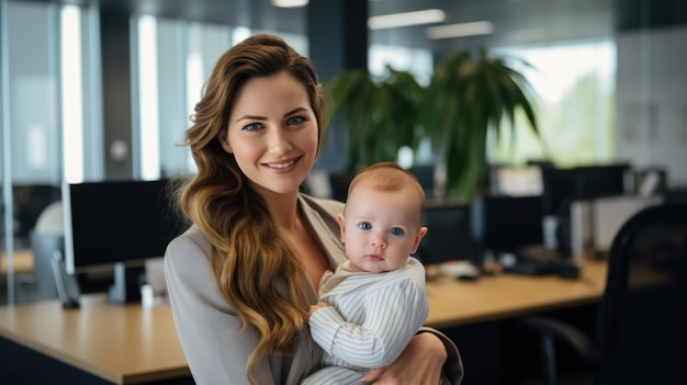 Empresária e mãe segura seu bebê nos braços em seu trabalho de escritório