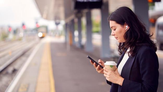 La empresaria esperando en la plataforma del tren con auriculares inalámbricos escucha música en el teléfono móvil