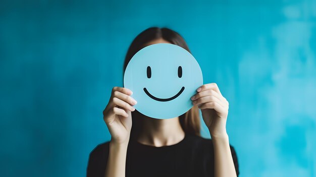 Empresária feliz segurando um recorte de papel com uma carinha sorridente na frente do rosto para positivo