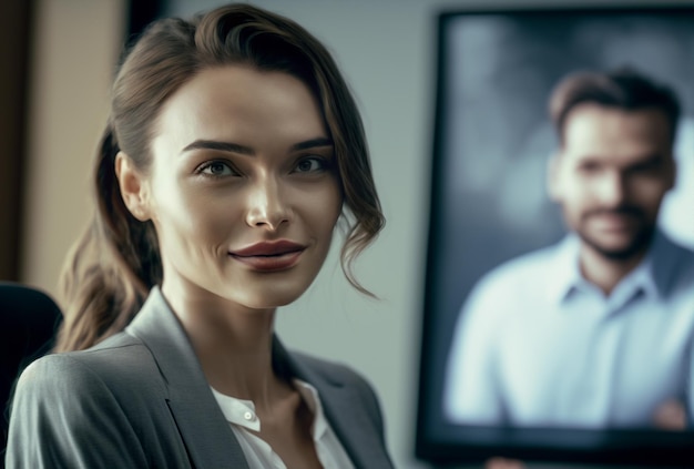 Empresária generativa ai, jovem adulta, posando com uma câmera sorridente, feliz e confiante