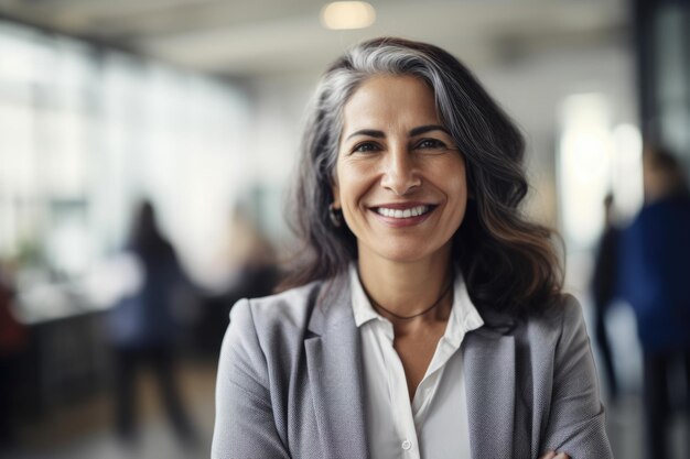 Empresária hispânica madura e inteligente, rosto sorridente em pé no fundo desfocado do escritório ocupado Generative AI AIG20