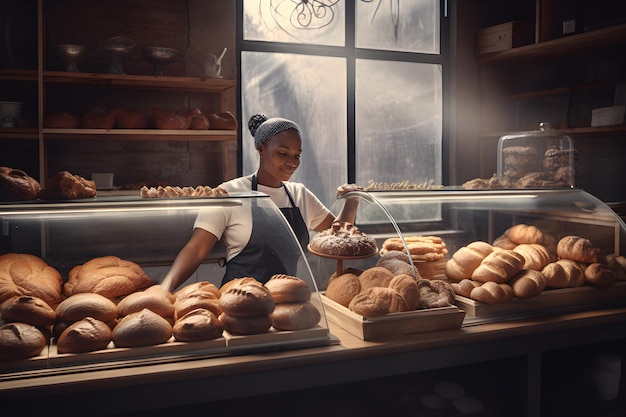 Empresaria negra que trabaja en una panadería local