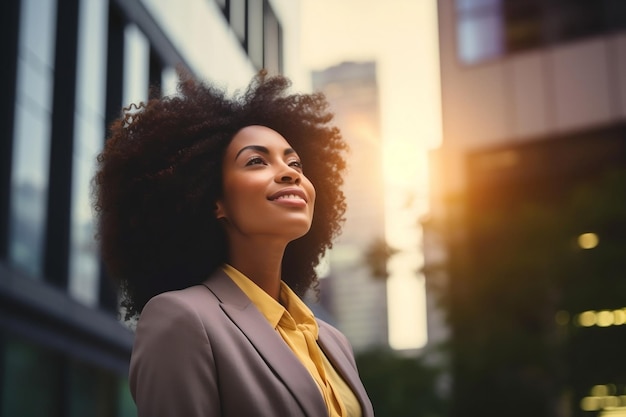 Empresária negra rica e bem-sucedida em pé feliz Ai