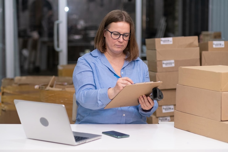 Foto la empresaria de pequeñas empresas revisa la casilla de recibo y los pedidos preparan la tienda en línea de entrega de paquetes