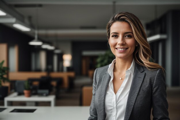 Empresaria de pie sonriente y orgullosa en el trabajo frente a la cámara