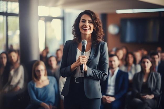 Empresaria segura de IA generativa que ofrece una presentación corporativa en un seminario o conferencia