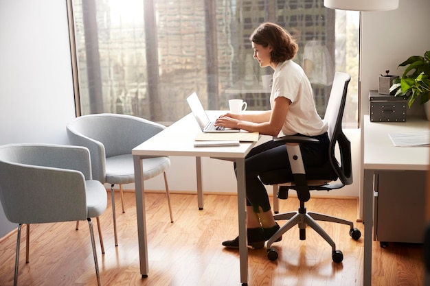 La empresaria sentada en el escritorio trabajando en la computadora portátil en la oficina moderna