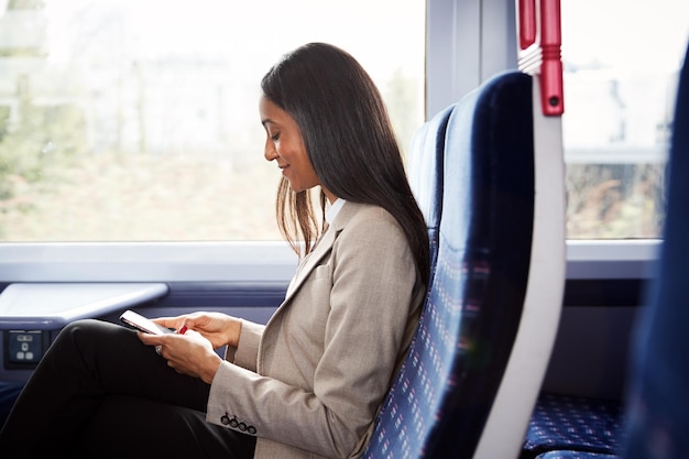 Empresária sentada no trem indo para o trabalho verificando mensagens no celular