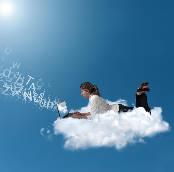 Foto empresaria sobre una nube