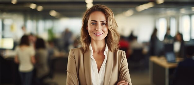 Empresaria sonriente en la oficina moderna