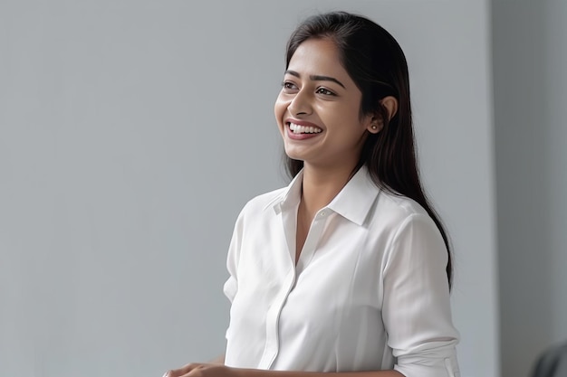 Empresária sorridente em camisa branca olhando para câmera isolada em cinza Generative AI