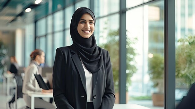 Empresária sorridente em Hijab em um escritório corporativo moderno