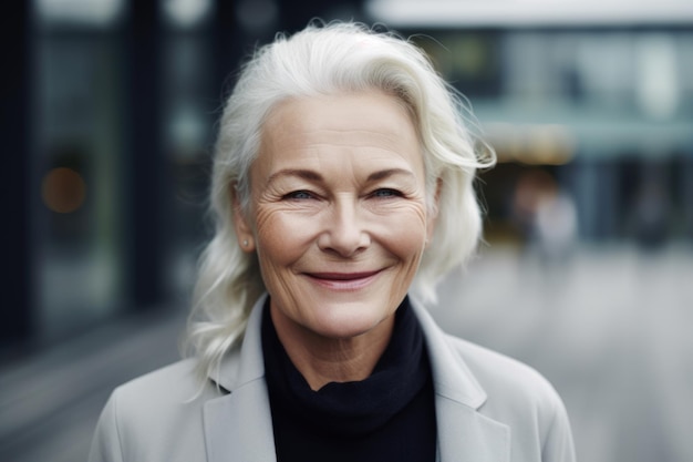 Empresária sueca madura e inteligente, rosto sorridente em pé no fundo desfocado do prédio de escritórios moderno Generative AI AIG20