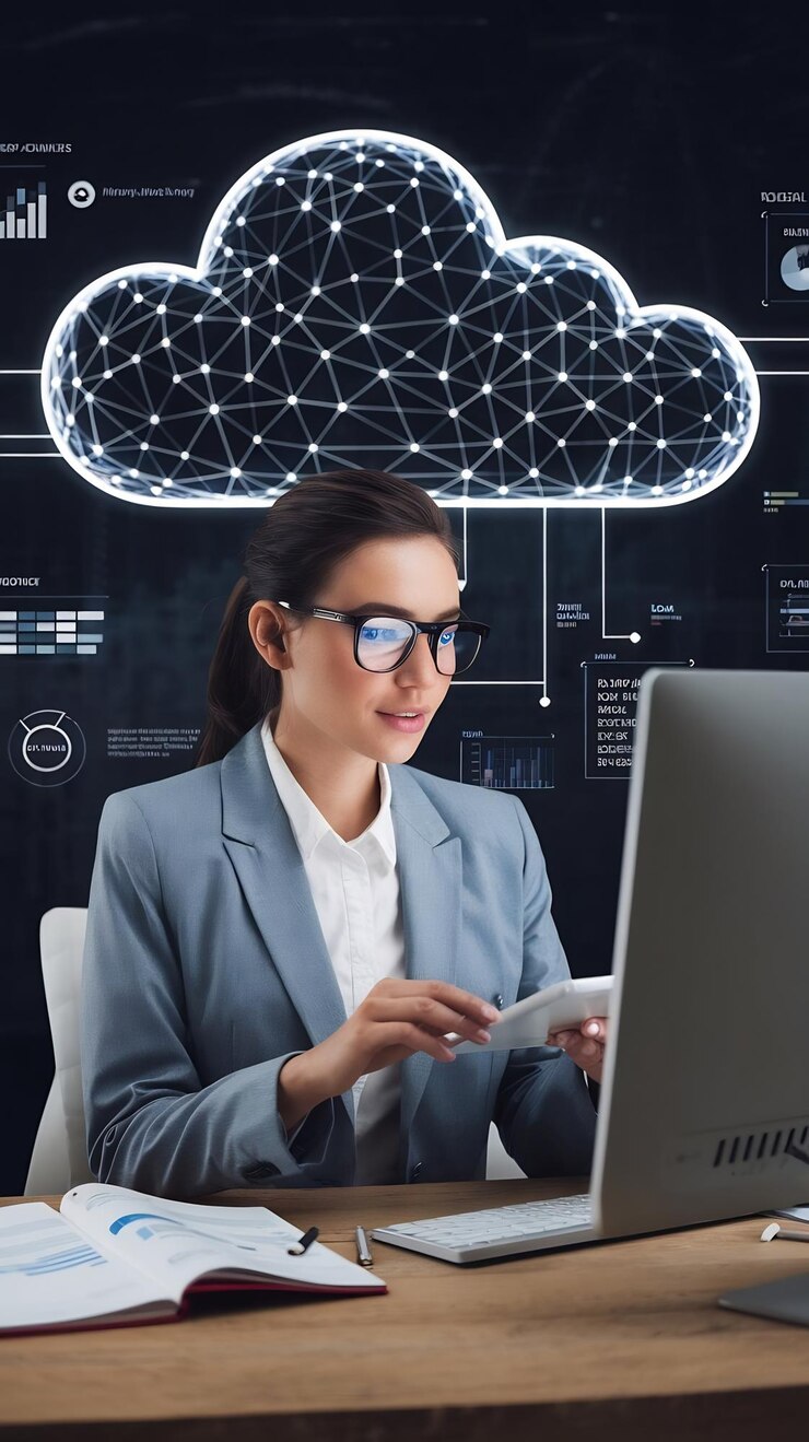 Foto empresaria tecnología de conexión en la nube análisis de datos de gráficos de computadora inteligente para información educativa