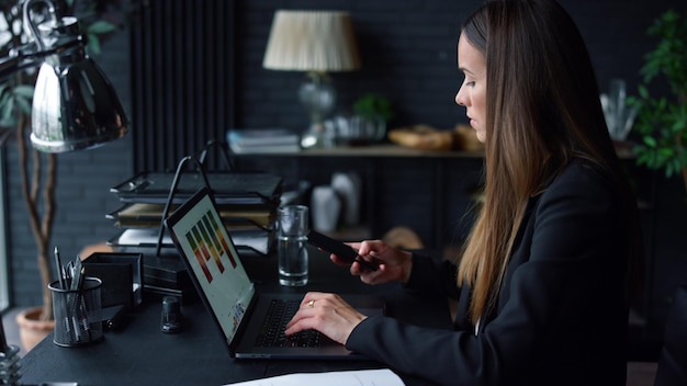 Empresária trabalhando no laptop no escritório Empregado usando smartphone