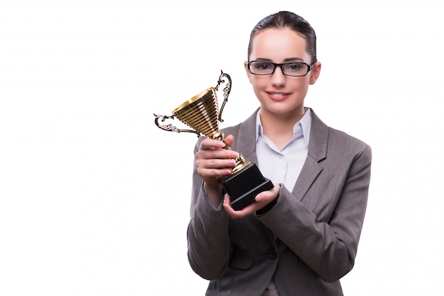 Empresaria con el trofeo de la taza aislado en blanco