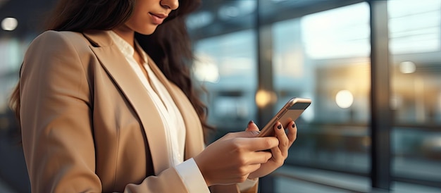 Empresária usando smartphone navegando na internet na tela no escritório moderno representando dados ou conceito de redes sociais