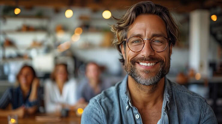Empresariado exitoso Empresario feliz sonriendo a la cámara posando con las manos cruzadas de pie