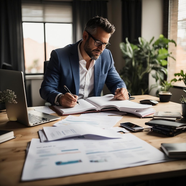 Empresário a trabalhar com um portátil na mesa.