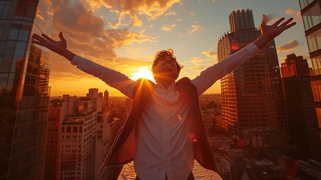 Empresario abrazando el atardecer urbano desde el techo Empresario celebrando el éxito