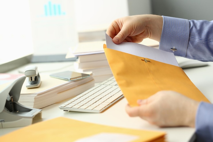 Foto empresário abre envelope amarelo com correio no local de trabalho