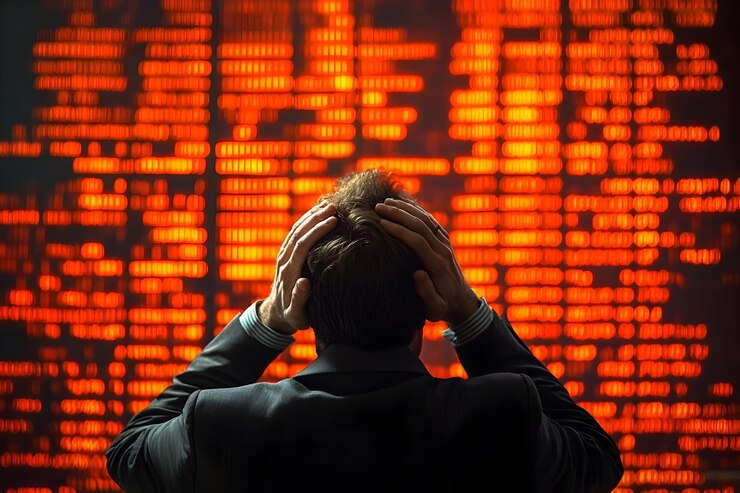 Foto empresario abrumado por el colapso de los precios en una pantalla digital masiva