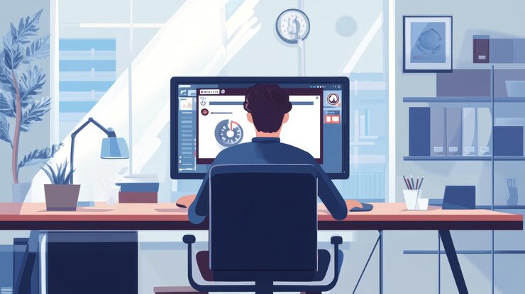 Foto empresario actualizando la computadora en la oficina instalando el proceso de software ia generativa