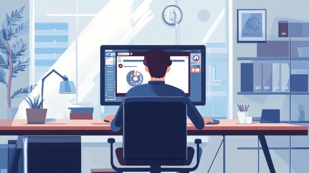 Empresario actualizando la computadora en la oficina instalando el proceso de software IA generativa