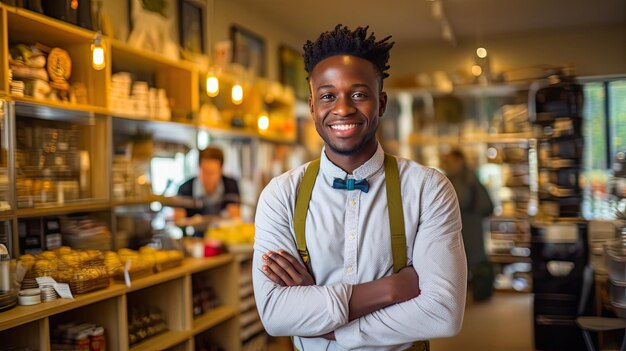 Empresário africano alegre dando as boas-vindas aos clientes no balcão de um café