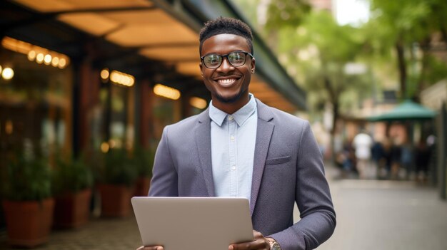 Empresário africano sorrindo segurando laptop no fundo pastel