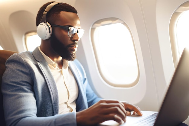 Empresario afroamericano con auriculares trabajando en un portátil en un avión