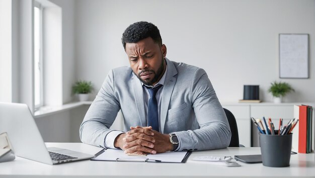 Foto empresario afroamericano cansado usando computadora portátil en la oficina problemas de dolor de cabeza fatiga agotamiento en el trabajo