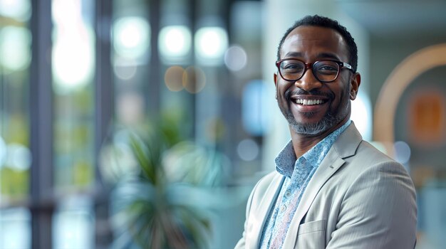 Foto un empresario afroamericano sonriente con gafas y un traje de pie en una oficina moderna