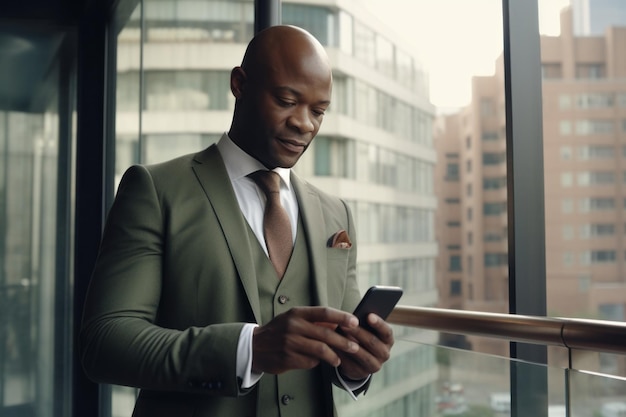Empresario afroamericano con teléfono inteligente de pie en la oficina cerca de la IA generativa de la ventana grande